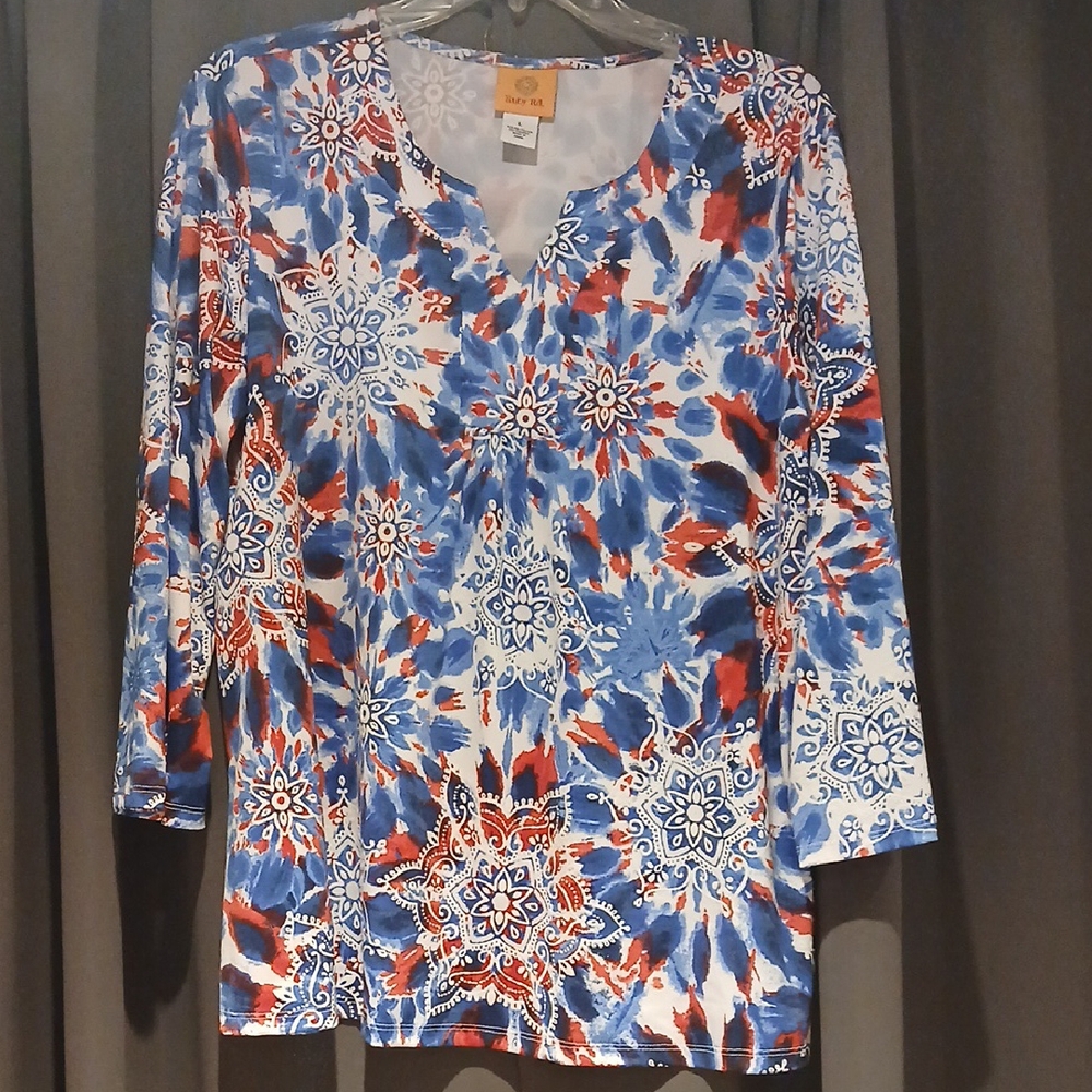 Ruby Rd. Blue and Red Floral Long Sleeve Top